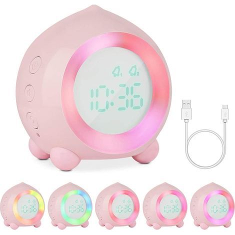 Reveil Veilleuse Enfant, Réveil Enfant Lumineux LED Fille Garcons Numerique Lampe Réveil Veilleuse Volume Réglable Snooze Réveil en USB Charge avec ble Alarme, éclairage d'ambiance(Rose) (1/5)