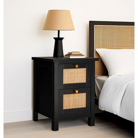 Hallowood Furniture Newquay Black Bedside Table with Rattan Front Drawers, 2-Drawer Narrow Nightstand, Side Table for Bedroom or Living Room, Stylish & Compact Storage Wooden Unit for Bedroom (1/5)