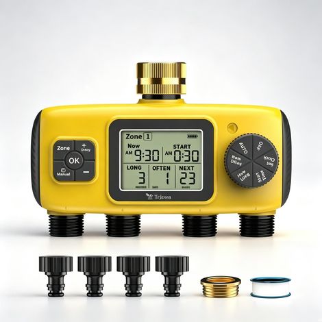TRJZWA Programmateur Arrosage Automatique 4 Zones, Minuteur LCD Jardin