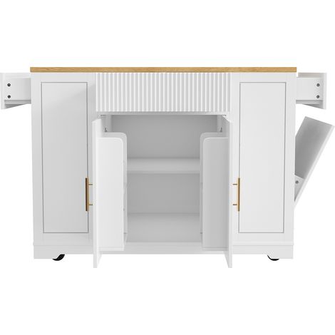 Isla de cocina con ruedas 120 x 50 x 92 cm con espacio para cubo, 2 puertas y 3 cajones, blanco (1/5)