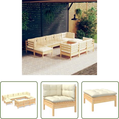 Terrassensofa - 10-tlg. Garten-Lounge-Set mit Creme Kissen Massivholz Kiefer (1/5)