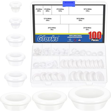 100pcs 8 - size rondelles creuses rondes en caoutchouc set, blanc percé double face creux Firewall trou bouchon, rondelle de câblage électrique circulaire pour fil, table, pompe, tuyau (1/5)