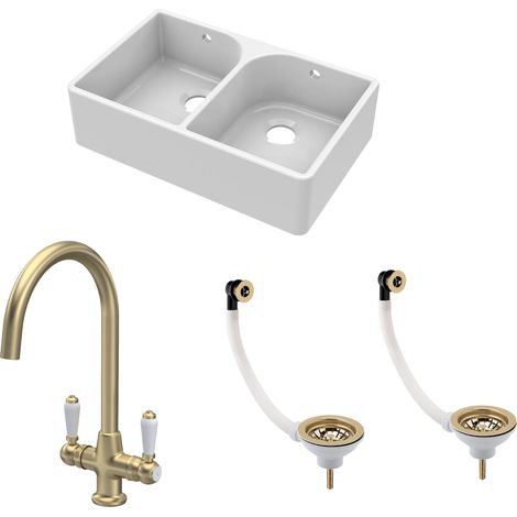 Fireclay Kitchen Bundle - 2 Bowl Full Weir Butler Sink with Wastes & Mono Lever Tap - 795mm - Brushed Brass