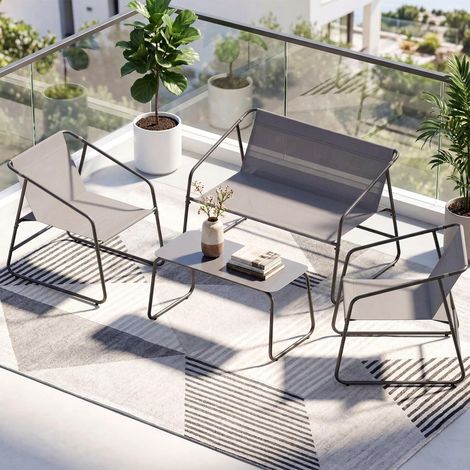 Salon de Jardin Extérieur 4 Pièces en Textilène, Ensemble Mobilier Extérieur avec Pieds Réglables, Résistant aux Intempéries, Table Basse en Verre, pour Terrasse Jardin et Extérieurs, Gris (1/5)