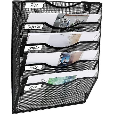 Porte-documents mural en filet à 5 poches, porte-revues, bac de tri du courrier Étiquette nominative incluse, noir (1/4)