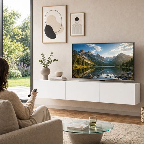 Mobile TV sospeso 180 x 30 cm FRANCY Bianco con 3 Ante a ribalta Porta TV parete