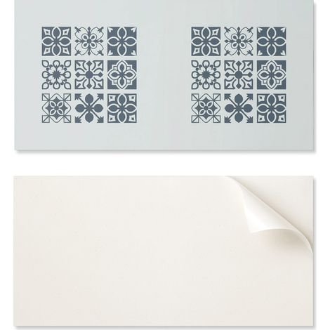 Panel de vinilo decorativo para cocina o ba帽o, 120x60 cm, con estampados geom茅tricos en cuadrados.