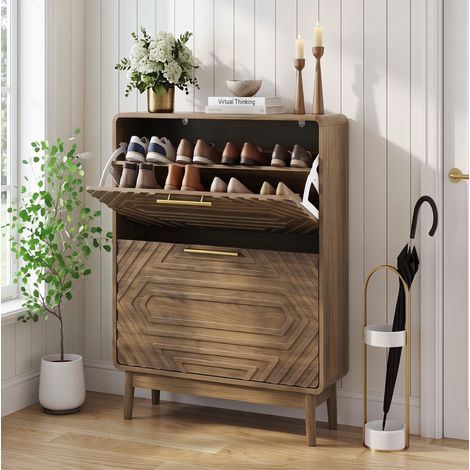 MODFU – Meuble chaussures MDF – 2 abattants et étagère ouverte – Façade géométrique et anti-basculement – Entrée ou couloir – Noyer (1/5)