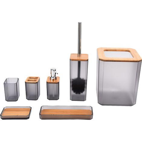 Porte-savon et brosse à dents en bambou gris - Set salle de bain 7 pièces pour hôtel et maison (1/5)