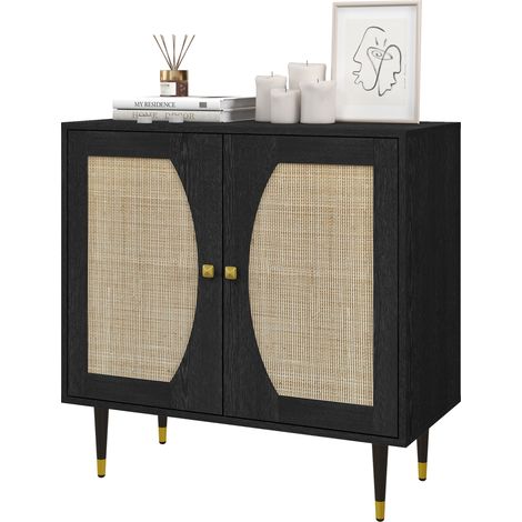 Buffet de cuisine meuble de rangement design bohème double portes avec 2 niveaux, façade en rotin 80 x 38 x 79 cm noir