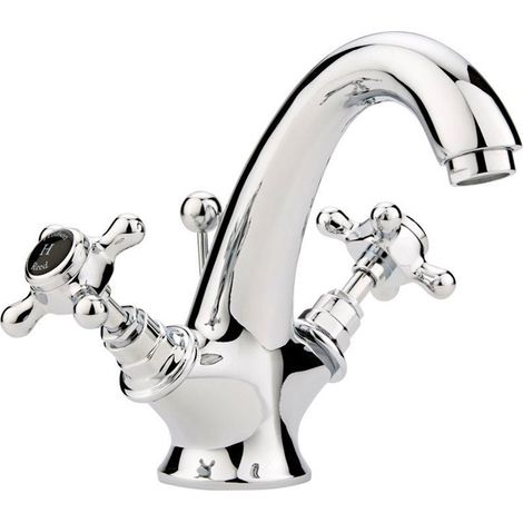 Hudson Reed Topaz Black Crosshead Mono Basin Mixer Tap Hexagonal Collar with Waste - Chrome (1/5)