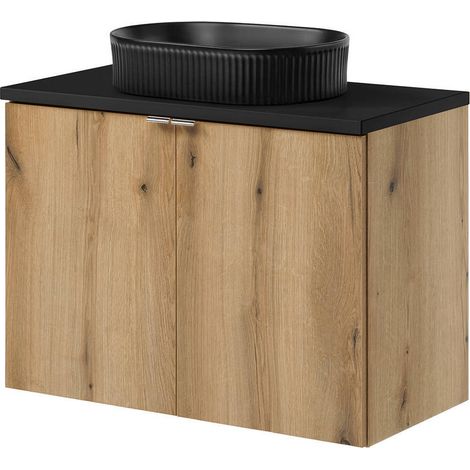 Mobile Pensile Sottolavabo Newport a 2 Ante con Lavabo Ovale 80x71x40 cm - Effetto Rovere/Nero [en.casa]