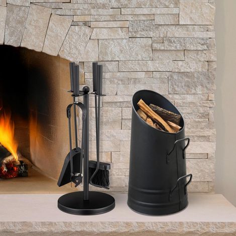 Vintage Fireside Companion Set with Tall Coal Hod 5Pc Tool Kit Powder-Coated Steel Fireplace Accessory (1/5)