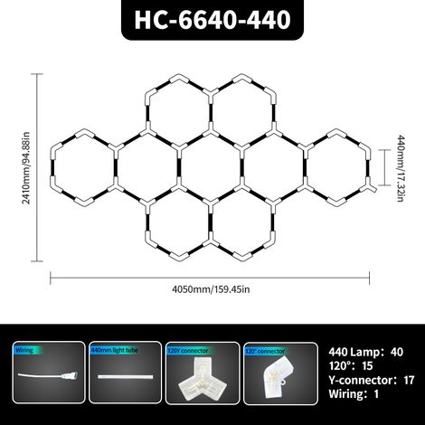 LED Hexagon-Garagenlicht 405 x 241 cm, 40 Röhren, Ultrahelle Deckenbeleuchtung für Autoaufbereitung, Garage, Car Wash und Werkstatt