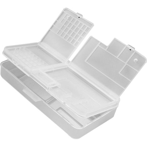 Boîte de rangement transparente blanche rectangulaire pour vis, robuste et dotée d'un système de verrouillage. Organisateur de vis pour outils et composants de réparation. (1/5)