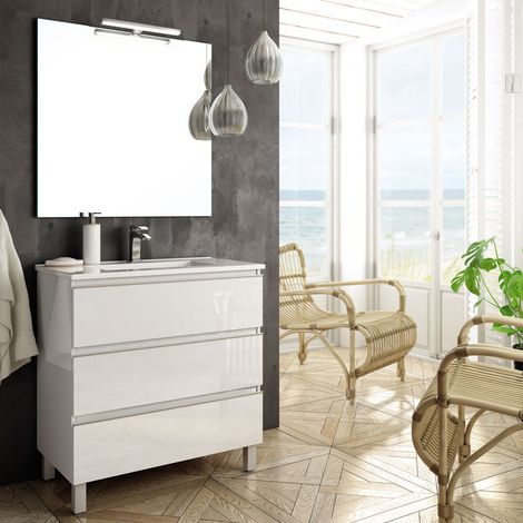 Meuble de salle de bain 60cm simple vasque - 3 tiroirs - blanc - PALMA (1/5)