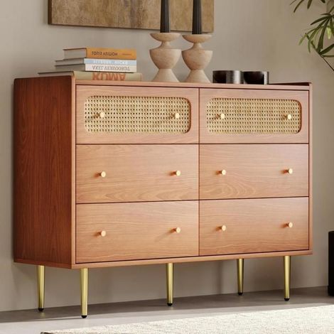 Commode - KOMHTOM - 90x120x40 cm - 6 tiroirs - Rotin aspect noyer - Style vintage (1/5)