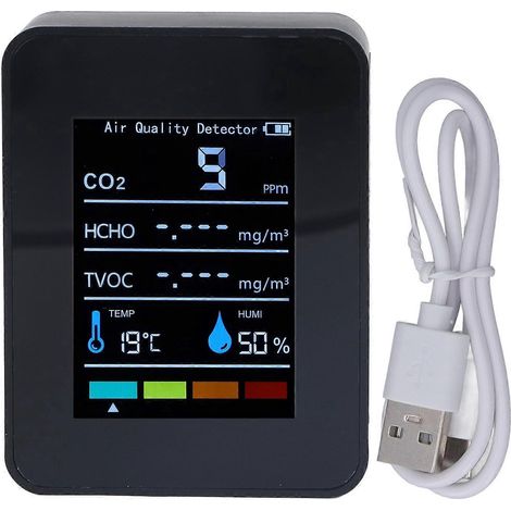 Schwarzer CO2-Detektor mit LCD-Display, TVOC- und HCHO-Anzeige für Temperatur, Luftfeuchtigkeit und Luftqualität