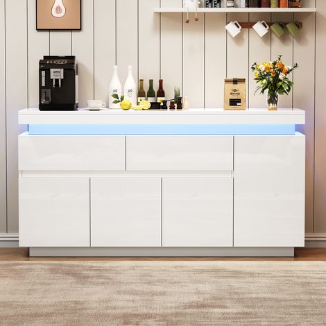 140 x 35 x 72,5 cm Wohnzimmerschrank, sideboard,anrichte,Beistellschrank mit 2 Schubladen,Hochglanz-Schubladenschrank,kommode,Aufbewahrungsschrank mit 4 Türen,LED-Bodenschrank,Weiß