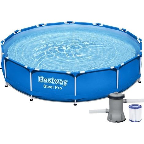 Bestway Steel Pro Aufstellpool 366 x 76 cm – runder Pool mit Pumpe – 6473 l Volumen – 1249 l/h Pumpenleistung – blau (1/5)