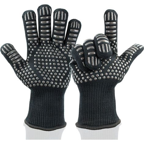 Gants de cuisson pour barbecue haut de gamme (1 paire), résistants à la chaleur jusqu'à 500°C, conformes à la norme EN407, noirs. (1/5)
