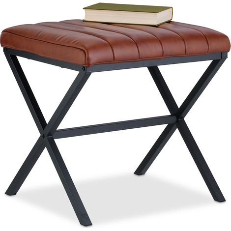 Relaxdays – Tabouret matelassé en similicuir et métal – Repose-pieds noir/marron – Dimensions 46 x 47 x 42 cm – Charge maximale 150 kg (1/5)