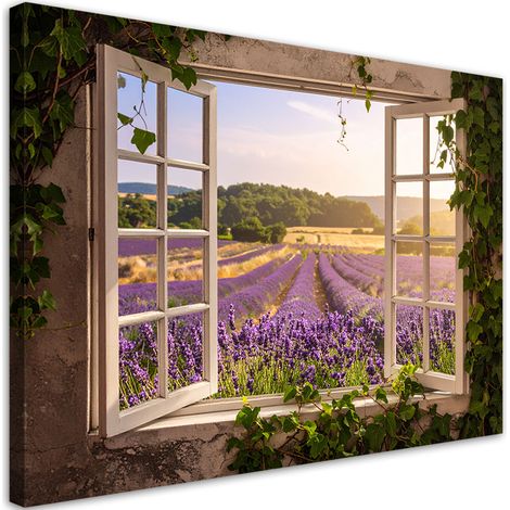 Bild auf Leinwand Blick aus dem Fenster Lavendelfeld Shabby Chic 30x20 (1/5)