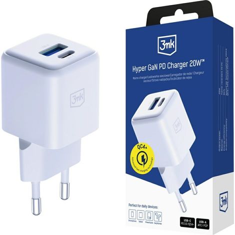 Cargador de pared USB-C/USB-A de 20 W con tecnología GaN Power Delivery de 3 MK, color blanco. (1/5)