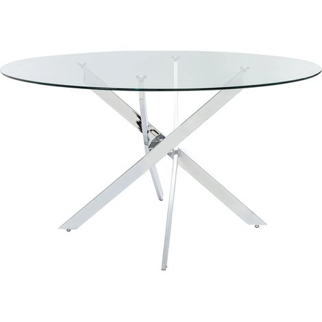 Vente-Unique – Table à manger ronde 4 personnes en verre trempé 10mm – Métal chromé – 140 cm – Intérieur – Charge max 100 kg (1/5)