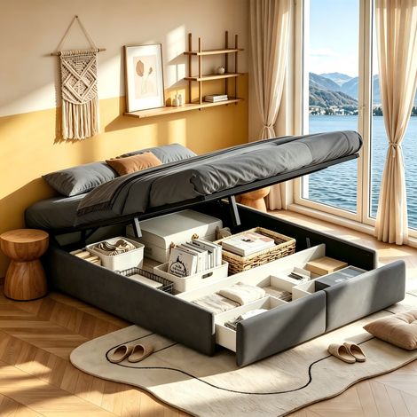Lit double rembourré 160x200cm sans tête de lit, lit adulte en hydraulique avec 2 tiroirs, Gris, lin, Matelas non compris, MDF, pour chambre adulte et studio (1/5)