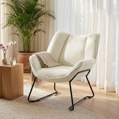 Fauteuil moderne en tissu Sherpa, siège rembourré à dossier large, pieds en acier, montage facile, blanc (1/5)