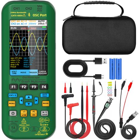 Oscilloscopio grafico portatile 3 in 1 con sorgente di segnale, schermo IPS TFT da 3,98 pollici, misura tensione, corrente, capacità e frequenza. (1/5)