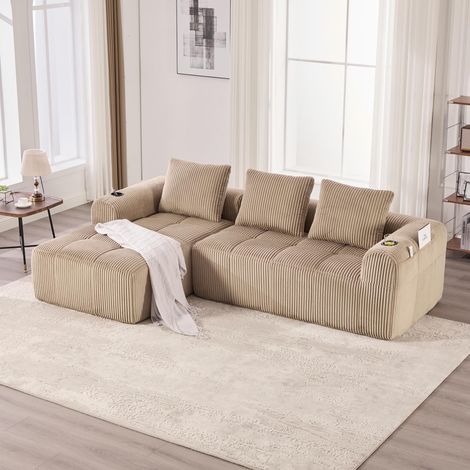 Canapé compact en velours côtelé, doux et modulable. Poche latérale, porte-gobelet, 3 coussins. Confortable, kaki – pour salon et bureau. (1/5)