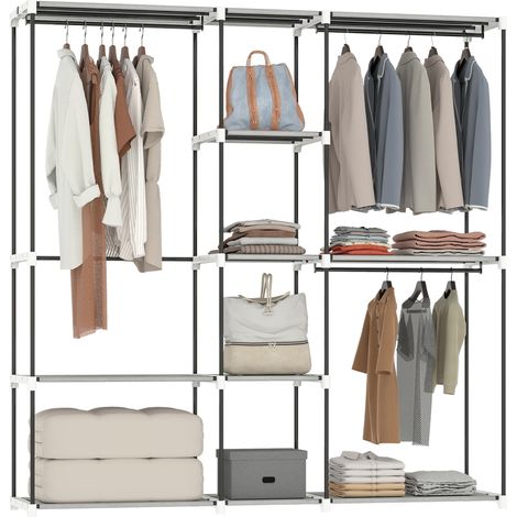 Armoire ouverte 182 x 43 x 185 cm avec 8 étagères en tissu, penderie et structure en métal gris clair.