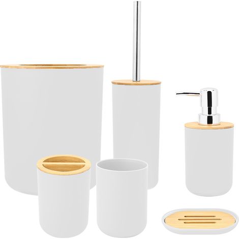 Ensemble de 6 accessoires de salle de bain (boîte à savon, porte-brosse à dents, gobelet de rinçage, flacon de lotion) - Blanc (1/5)