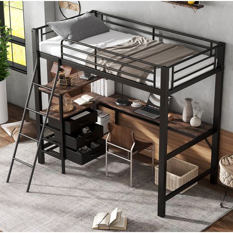 Letto rialzato bambini 90x200 cm con 3 cassetti, scrivania e scala a 4 gradini, nero e noce scuro, senza materasso (1/5)