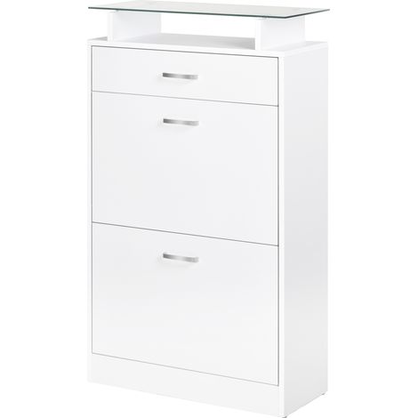 HOMCOM Schuhschrank mit 2 Klapptüren, 2-teiligem Schuhaufbewahrungssystem mit Schublade und Glasplatte, Schuhregal im Design von weißer Eiche, praktisches und elegantes Möbelstück für den Eingangsbere