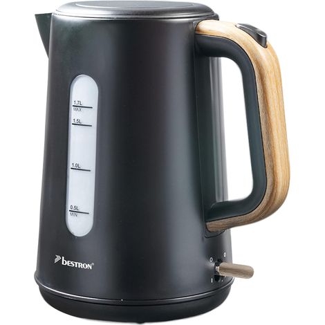 Bouilloire, avec base rotative à 360°, arrêt automatique et protection contre la marche à sec, capacité de 1,7 l, 2200 W, couleur : noire et bois (1/5)
