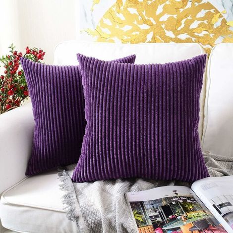 Set aus 2 dunkelviolett gestreiften Kissen und Kissenbezügen, weiche, quadratische Dekokissenbezüge aus Cord, ideal für Sofa, Couch, Bett und Stuhl. (1/5)