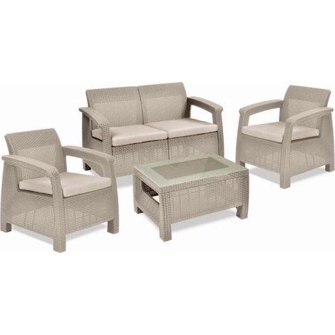 Set Salotto da Giardino Effetto Rattan Cappuccino Divano 2 Poltrone e Tavolino - Novara Domo Mea