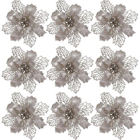 TOYANDONA Lot de 12 fleurs de poinsettia pailletées, fleurs artificielles creuses, décorations de Noël à suspendre au sapin (Champagne)