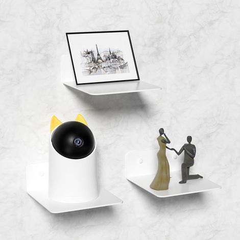Lot de 3 étagères murale blanc, petite étagère flottante de 10 cm, sans perçage, pour chambre, salon, enceinte connectée, collections, horloge, décoration
