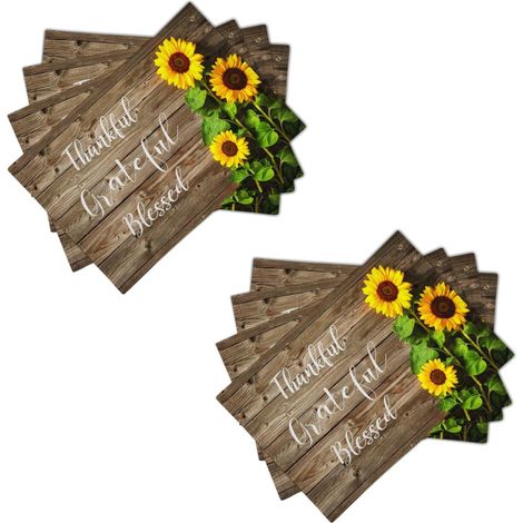 Sonnenblumen-Tischsets, 8er-Set, Polyester, 45 x 30 cm, rustikale Holzoptik, herbstliche Dekoration für Thanksgiving, ideal für den Esstisch (1/5)