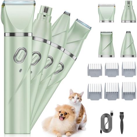 Outil de Toilettage pour Animaux de Compagnie - Vert - 4 en 1 Silencieux - Coupe et Polissage - pour le Soin du Pelage et des Griffes (1/5)