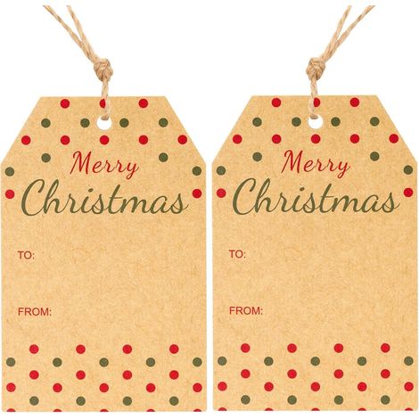 Étiquettes Cadeaux Noël: 50PCS Marron Etiquette Noel 8,5 x 5,5 cm avec Pois Rouges et Verts et 10m Ficelle pour Emballage, DIY et Décoration Festive (1/5)