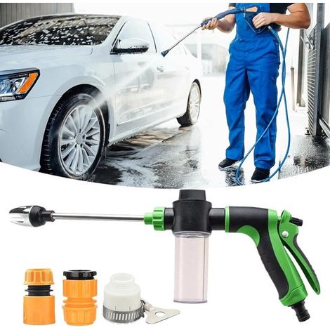 Pistolet de lavage haute pression avec buse pour tuyau d'arrosage, jet d'eau puissant et raccord universel, pour lavage de voiture, terrasse et jardin, vert (1/5)