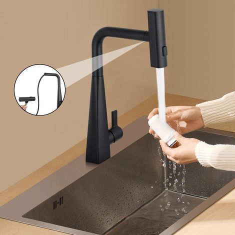 Küchenarmatur mit 3 Waschmodus, Küchenarmatur mit Auszugsdusche, 360° drehbar, Edelstahl, mit Spray-Funktion, Kalt- und Warmwasser (schwarz) (1/5)