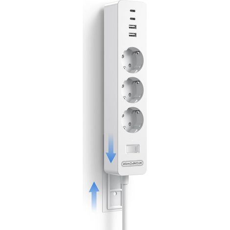 Multiprise Murale avec Plaque Adhésive, 3 Prises avec USB-C, 7 en 1 Prises Multiprise Murale Montage Câble de 1,5 m, avec Interrupteur, Protection pour Les Enfants, Intérieur, Blanc (1/5)