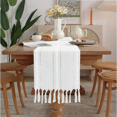 Chemin de table tissé à rayures - Chemin de table tissé brodé avec pompons - Style bohème champêtre - Idéal pour décorer une table de fête, Noël, la cuisine, un dîner ou un anniversaire - 33 x 240 cm (1/5)