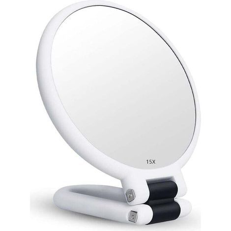 15x Magnifying Double-Sided Folding Mirror with Handle, Handheld Makeup Mirror, Hairdresser's Palette Mirror, Folding Mirror Used for Various Makeup Details (Silver) (1/4)
